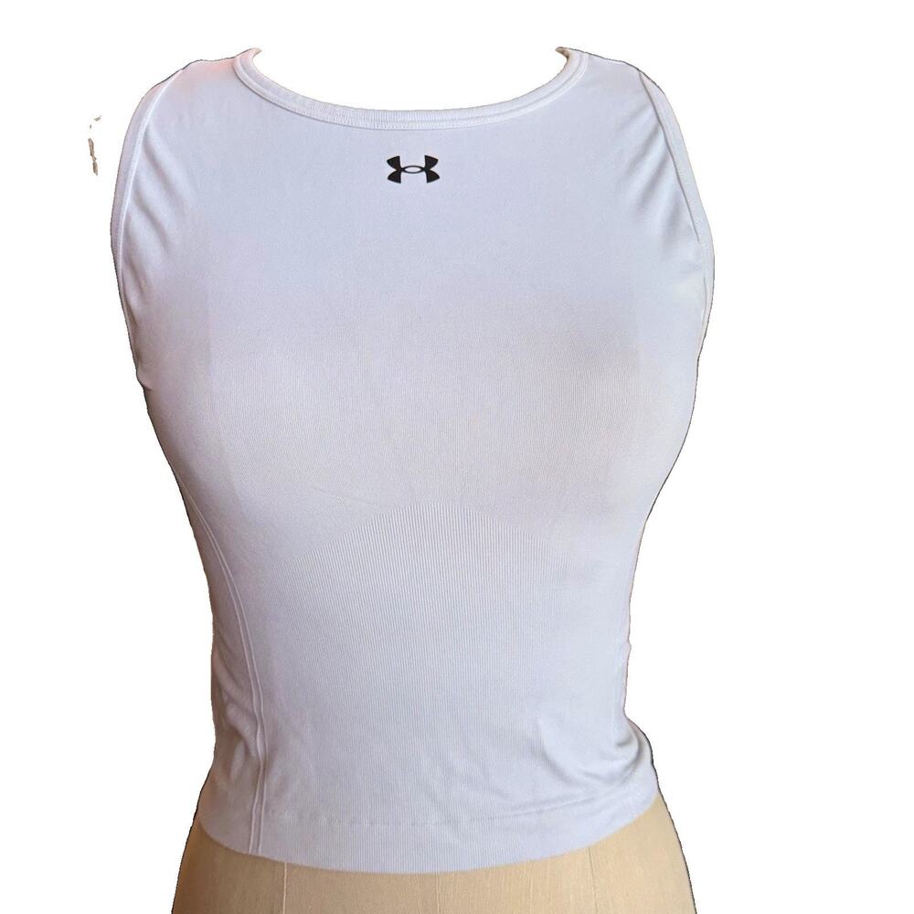 Under Armour Women’s White Cropped Athletic Tank Top Stretch Round Neck Size S